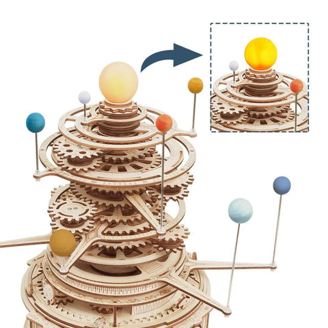 MECHANINIS PLANETŲ MODELIS: 3D medinė dėlionė, vaizduojanti 8 Saulės sistemos planetų orbitas