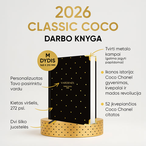 VIDUTINĖ JUODA COCO DARBO KNYGA: 2026 m. su Coco Chanel biografija ir citatomis (M dydis) + galimybė personalizuoti