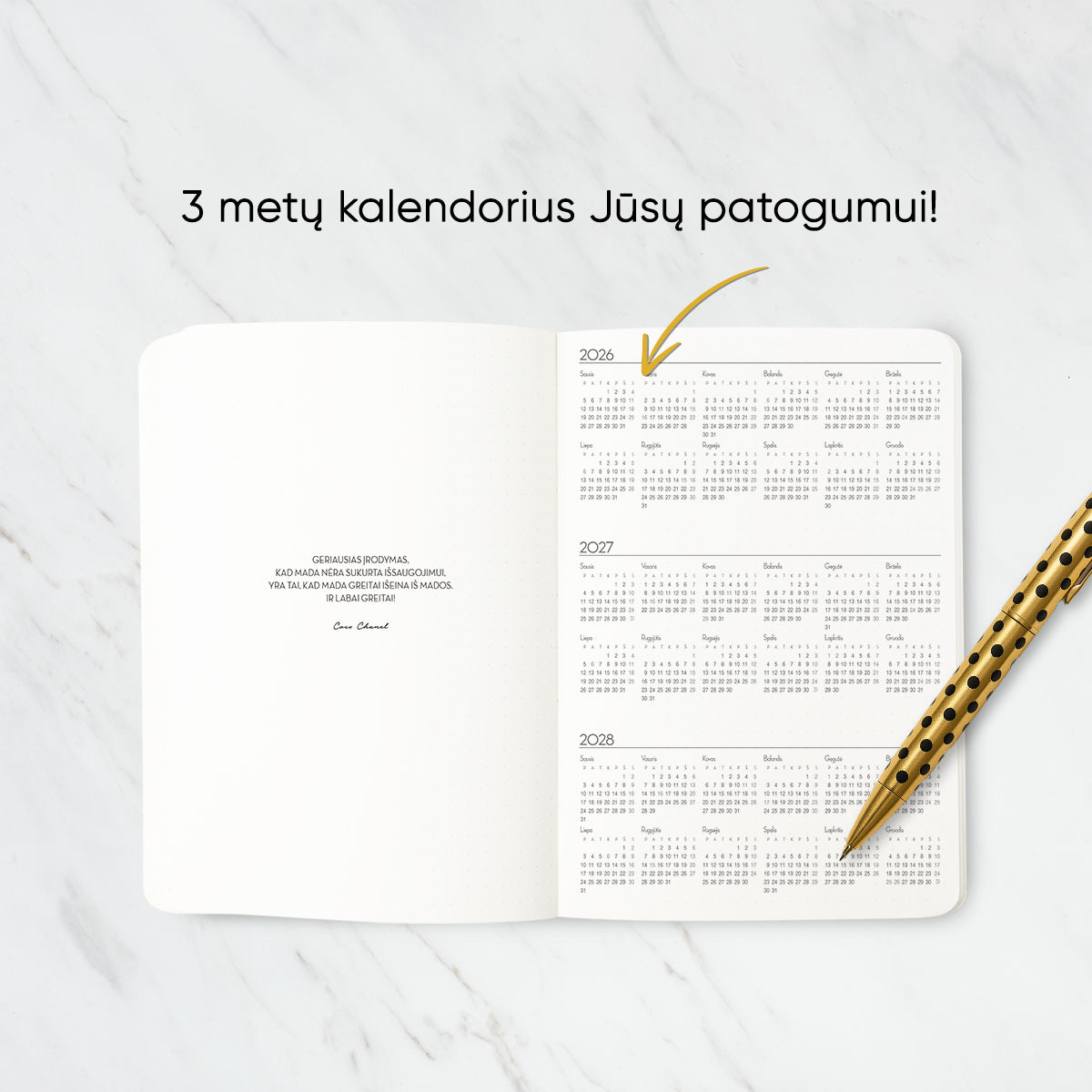 LENGVAS IR STILINGAS DARBO KALENDORIUS 2026 (minkštais viršeliais): užapvalinti kampai + galimybė personalizuoti