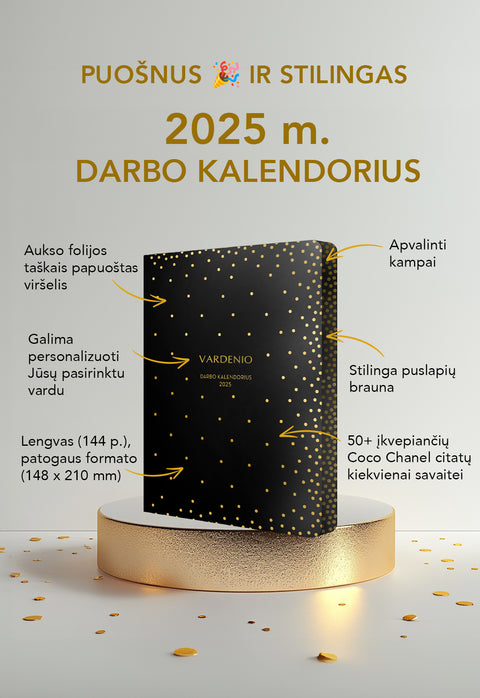 Puošnus ir stilingas DARBO KALENDORIUS 2025 m. minkštais viršeliais + Coco Chanel citatos + galimybė personalizuoti!