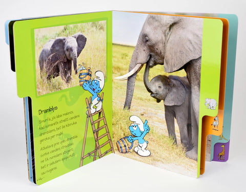 SMURFAI IR SAVANOS GYVŪNĖLIAI: spalvinga knygelė (kietais viršeliais!) – vartykite, pažinkite savanos gyvūnėlius, mokykitės spalvų ir skaitykite smagias smurfų istorijas! (Knyga su defektu)
