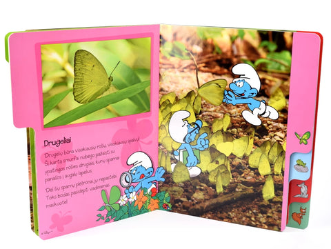 SMURFAI IR MIŠKO GYVŪNĖLIAI: spalvinga knygelė (kietais viršeliais!) – vartykite, pažinkite miško gyvūnėlius, mokykitės spalvų ir skaitykite smagias smurfų istorijas! (Knyga su defektu)