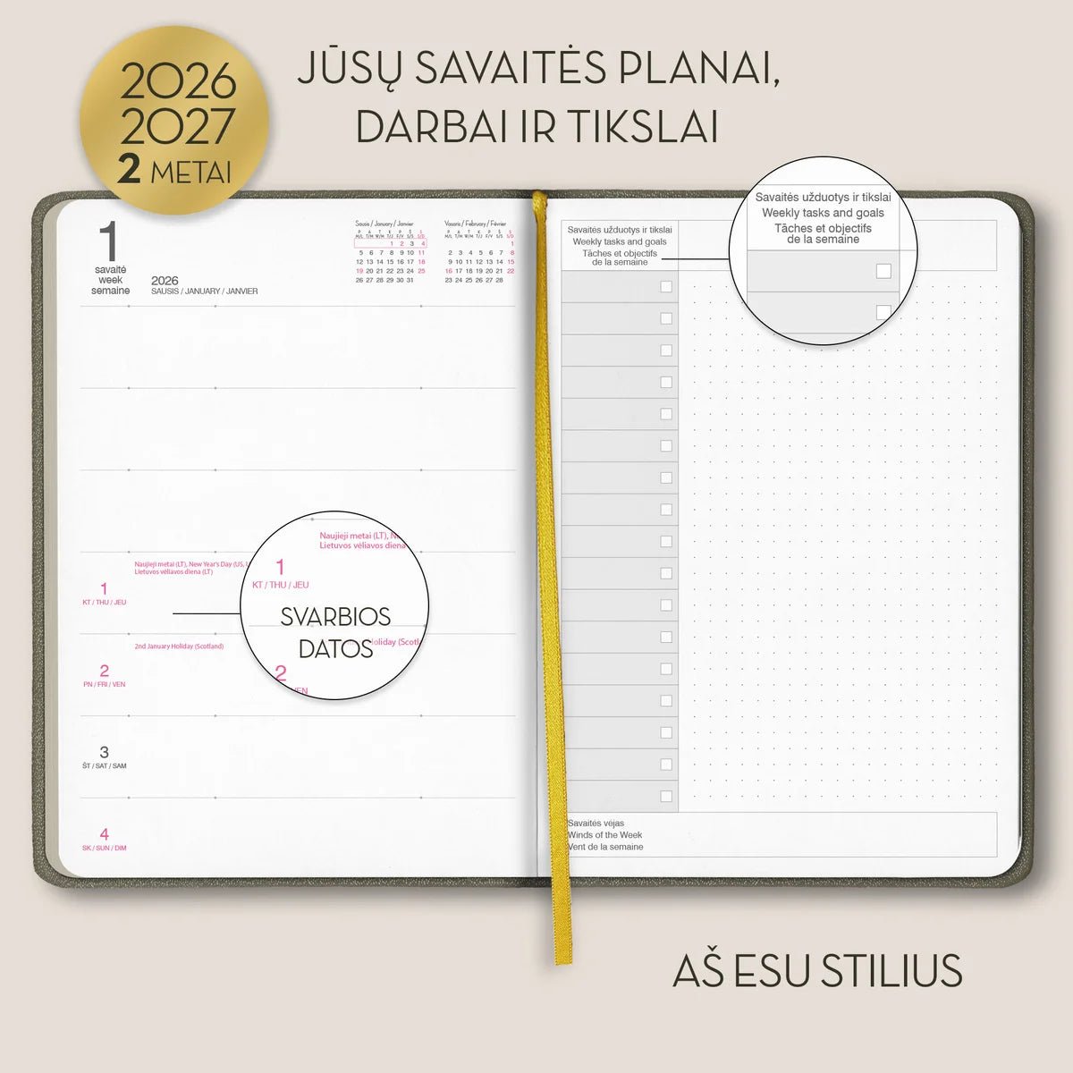 2 metų premium darbo ir įkvėpimo knyga "AŠ ESU STILIUS": 2026 - 2027 planuoklis LT, EN ir FR kalbomis + galimybė personalizuoti! - OBUOLYS