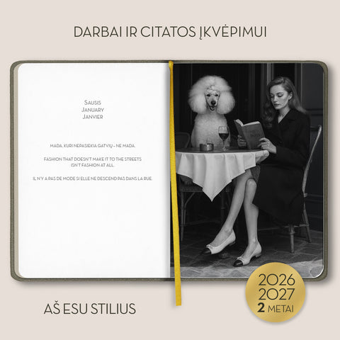 2 metų premium darbo ir įkvėpimo knyga "AŠ ESU STILIUS": 2026 - 2027 planuoklis LT, EN ir FR kalbomis + galimybė personalizuoti! - OBUOLYS