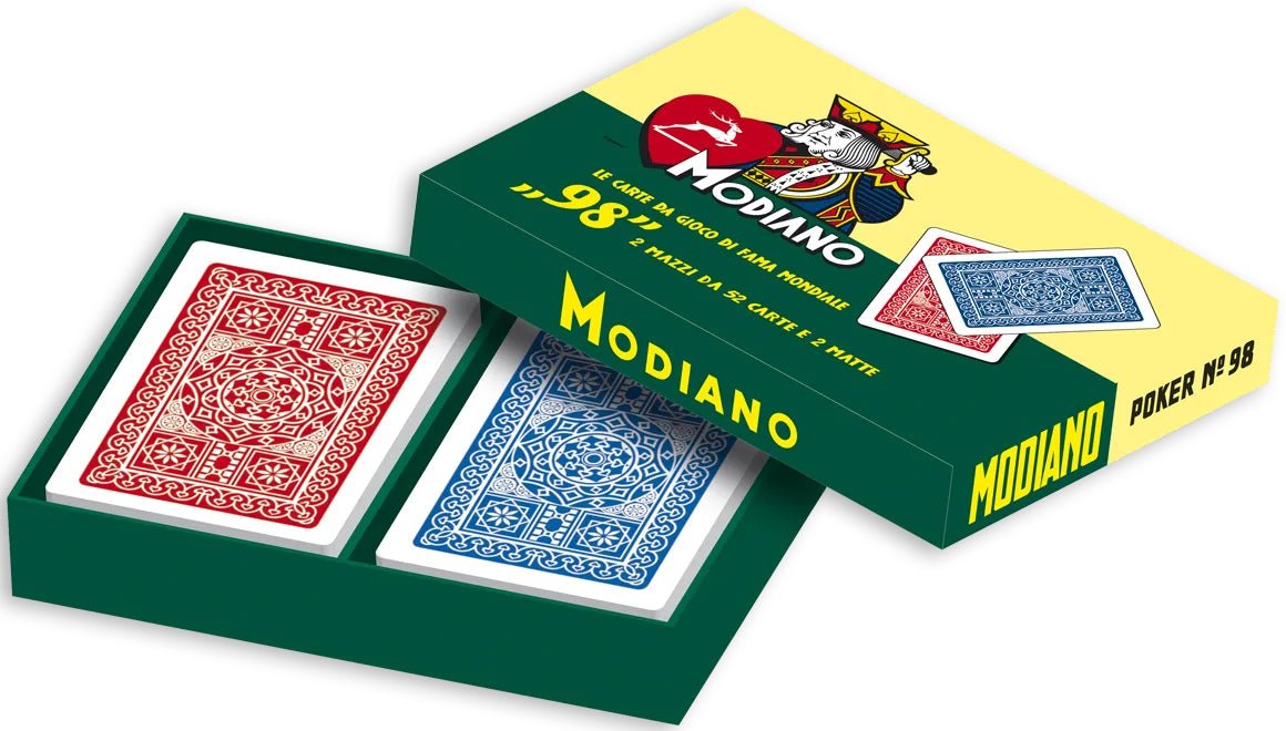''98'' pokerio kortų 2 kaladžių rinkinys Modiano Limituodo leidimo dėžutėje (raudonos ir mėlynos) - OBUOLYS