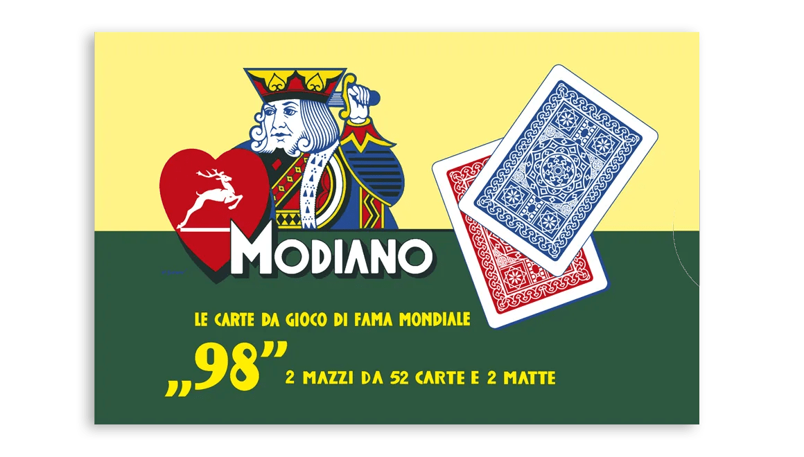 ''98'' pokerio kortų 2 kaladžių rinkinys Modiano (raudonos ir mėlynos) - OBUOLYS