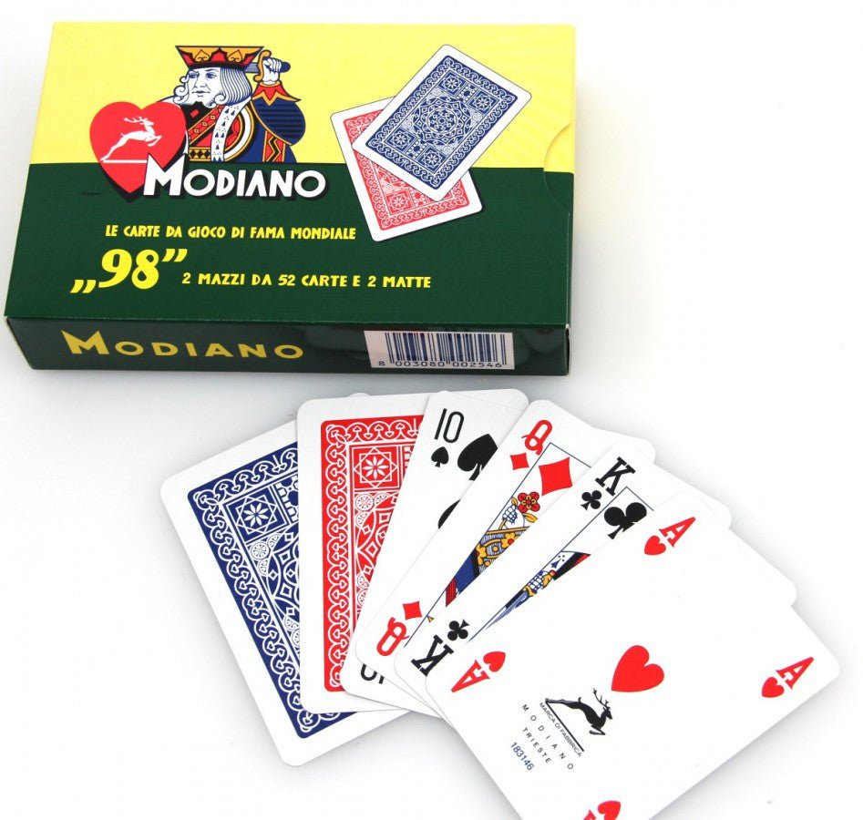 ''98'' pokerio kortų 2 kaladžių rinkinys Modiano (raudonos ir mėlynos) - OBUOLYS