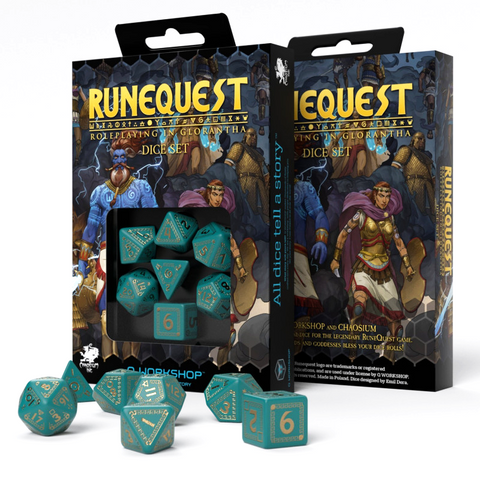 Runequest kauliukų rinkinys turkio ir auksinės spalvos