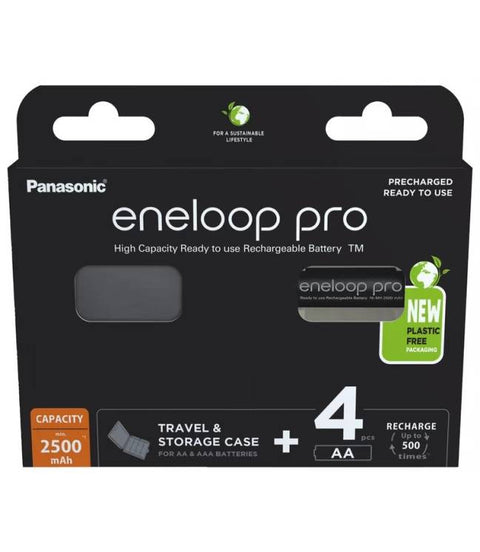 Panasonic Eneloop Pro AA 2500mAh 4BL įkraunamos baterijos 4 vnt. ir baterijų dėklas