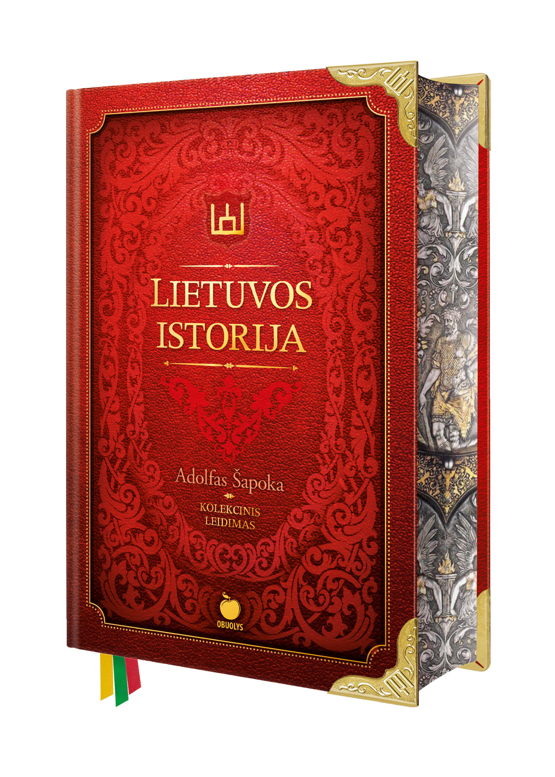 Lietuvos istorija: XXL riboto tiražo kolekcinis A. Šapokos knygos leidimas + trispalvė šilko juostelė + metalo kampai + Žalgirio mūšį vaizduojanti puslapių briauna