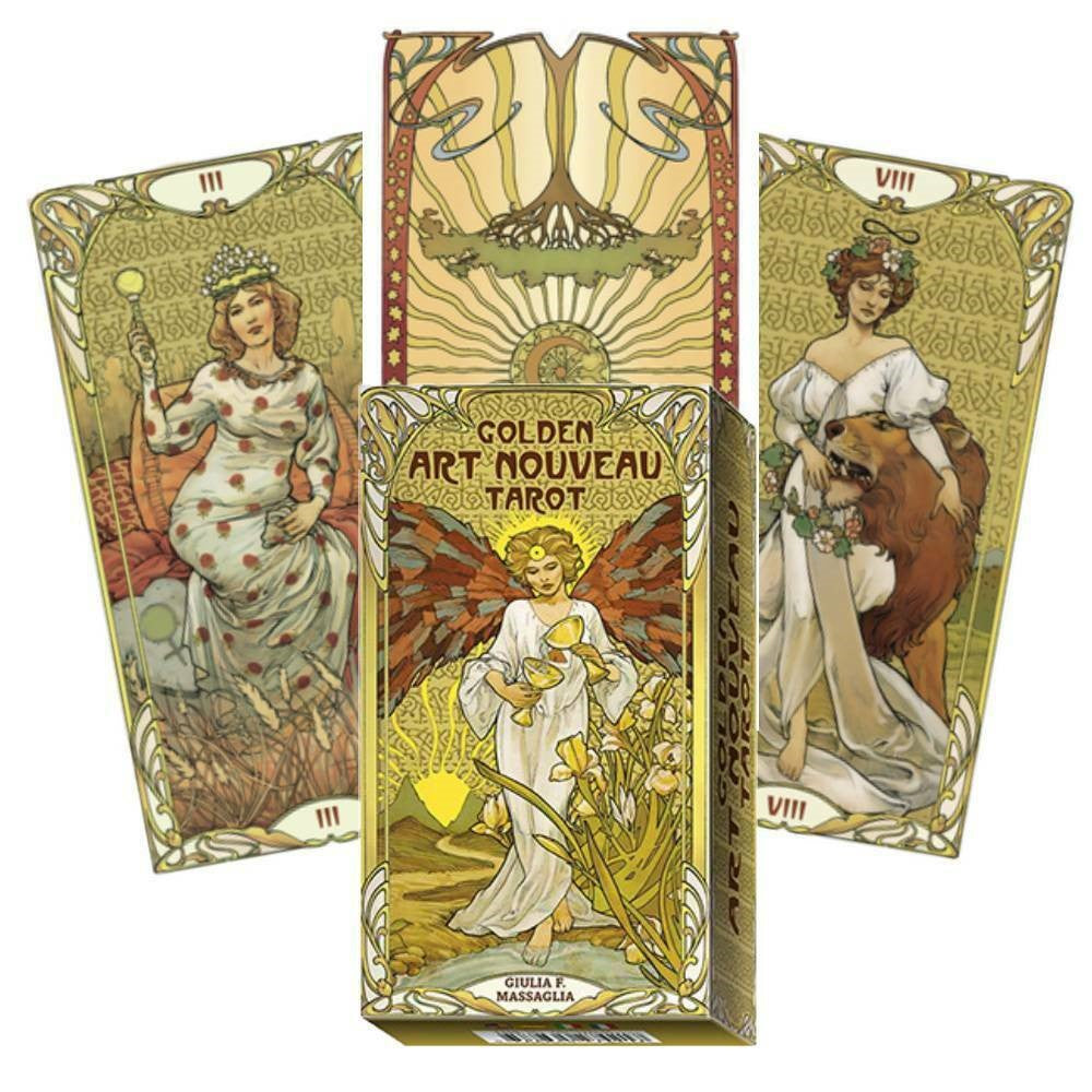 GOLDEN ART NOUVEAU TAROT: klasikinis Rider-Waite simbolizmas prabangiose Art Nouveau stiliaus taro kortose