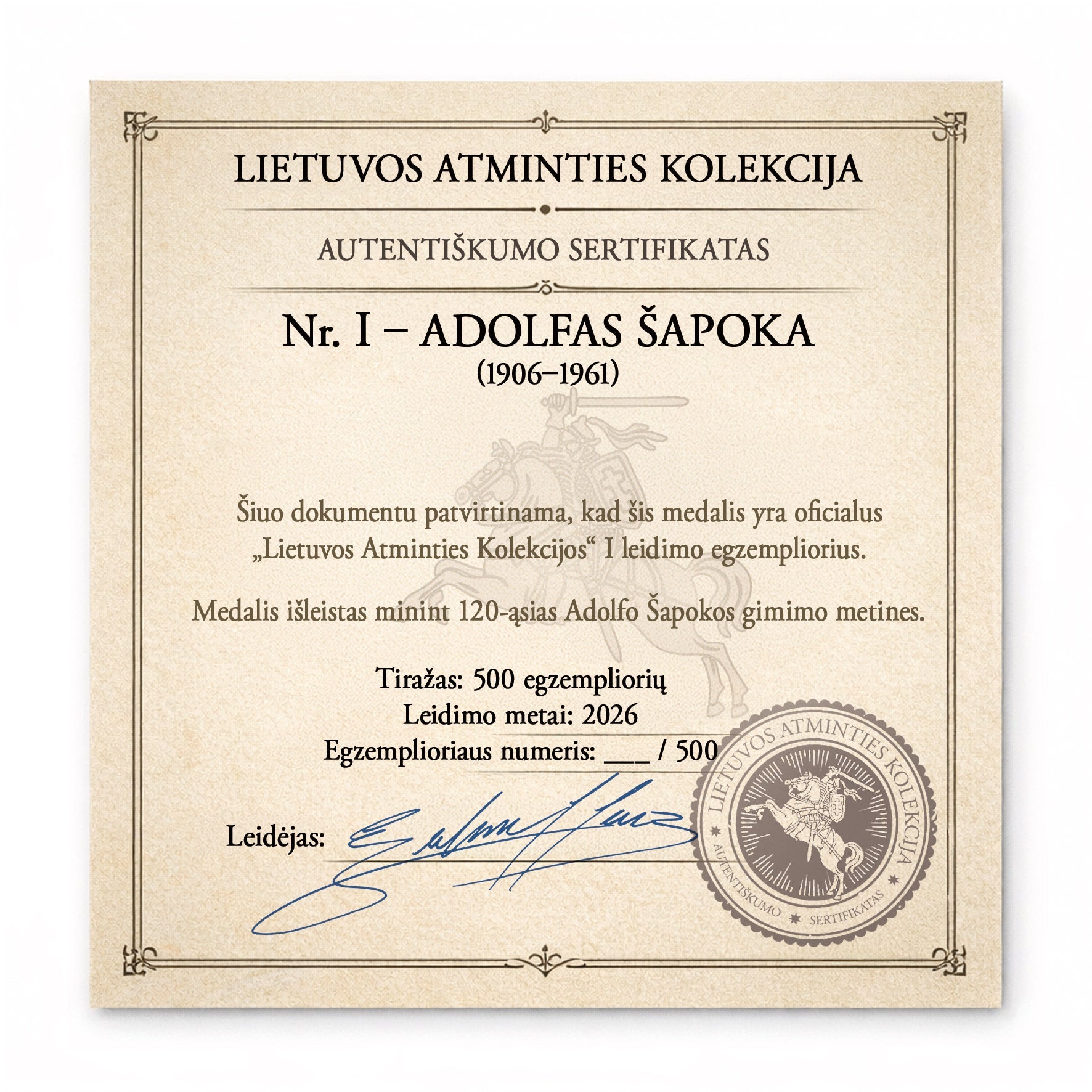 Adolfas Šapoka – 120 metų nuo gimimo – Kolekcinis medalis | Lietuvos Atminties Kolekcija Nr. I - OBUOLYS