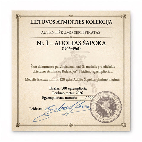 Adolfas Šapoka – 120 metų nuo gimimo – Kolekcinis medalis | Lietuvos Atminties Kolekcija Nr. I - OBUOLYS