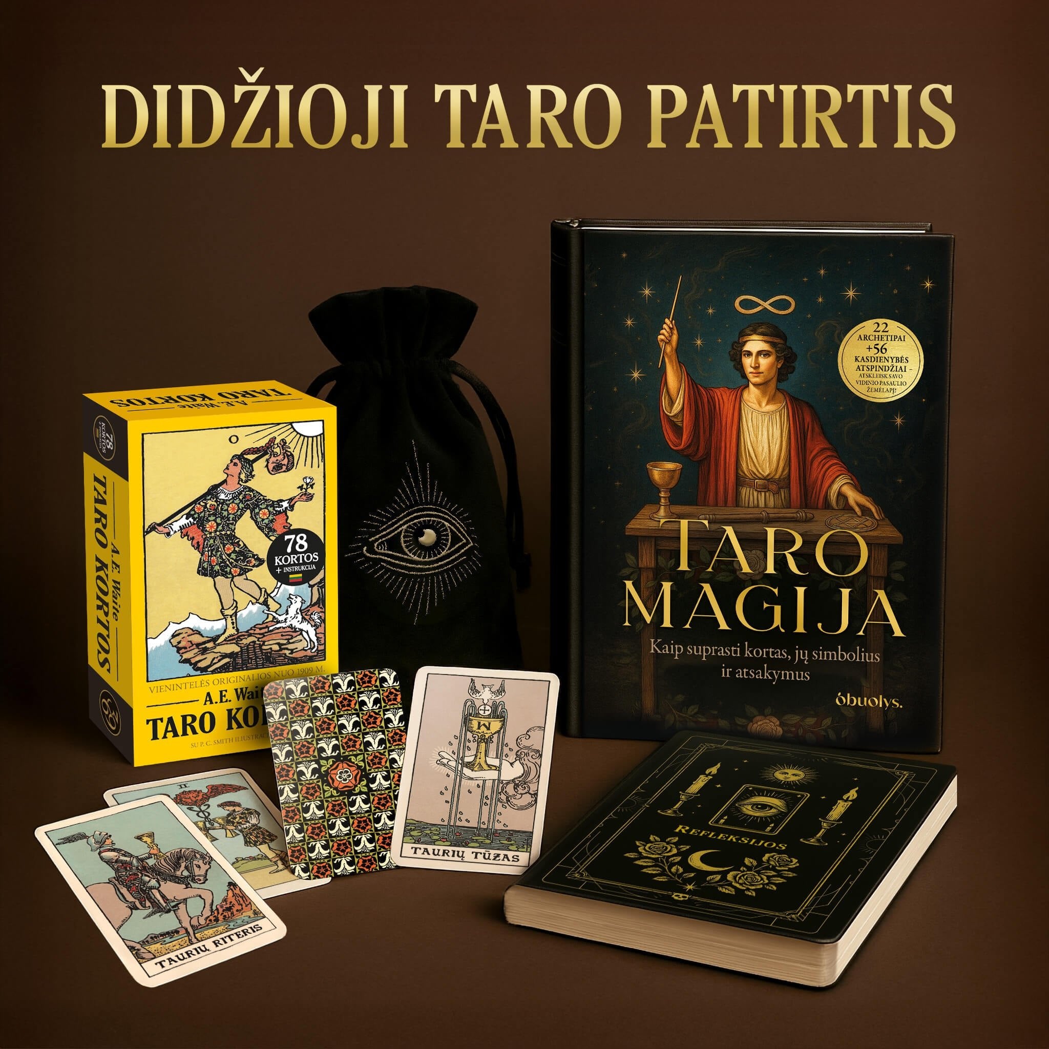 DIDŽIOJI TARO PATIRTIS: kortos, knyga, užrašinė ir ritualai – viskas tavo magiškai kelionei (kartu pigiau!) - OBUOLYS