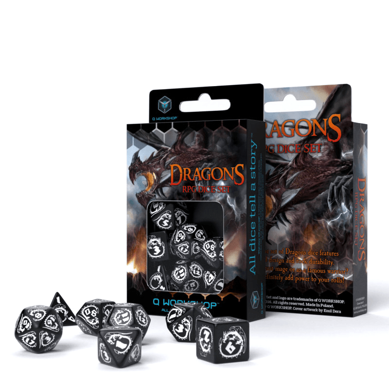 Dragons RPG kauliukų rinkinys juodos ir baltos spalvų - OBUOLYS