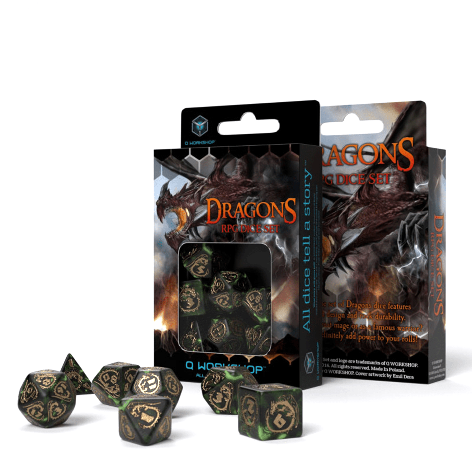 Dragons RPG kauliukų rinkinys žalios ir auksinės sp Q workshop - OBUOLYS