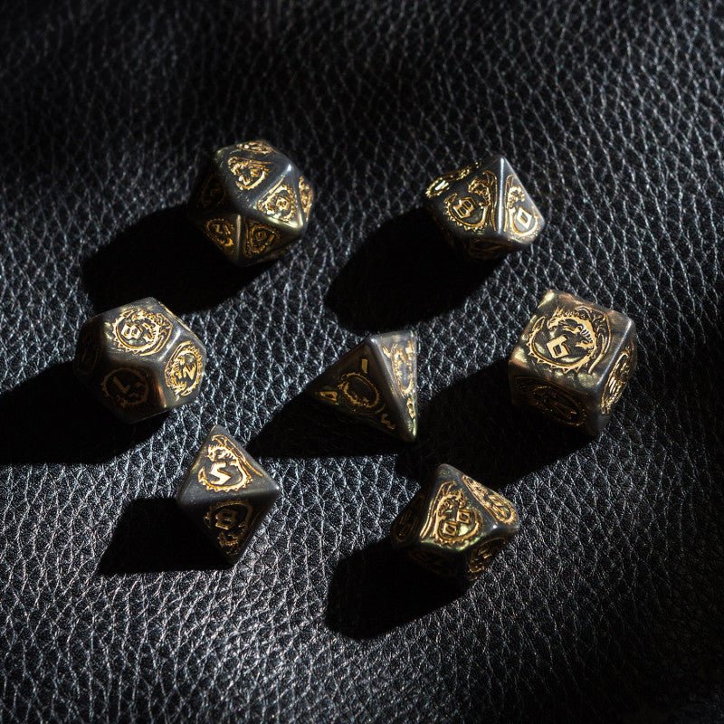 Dragons RPG kauliukų rinkinys žalios ir auksinės sp Q workshop - OBUOLYS