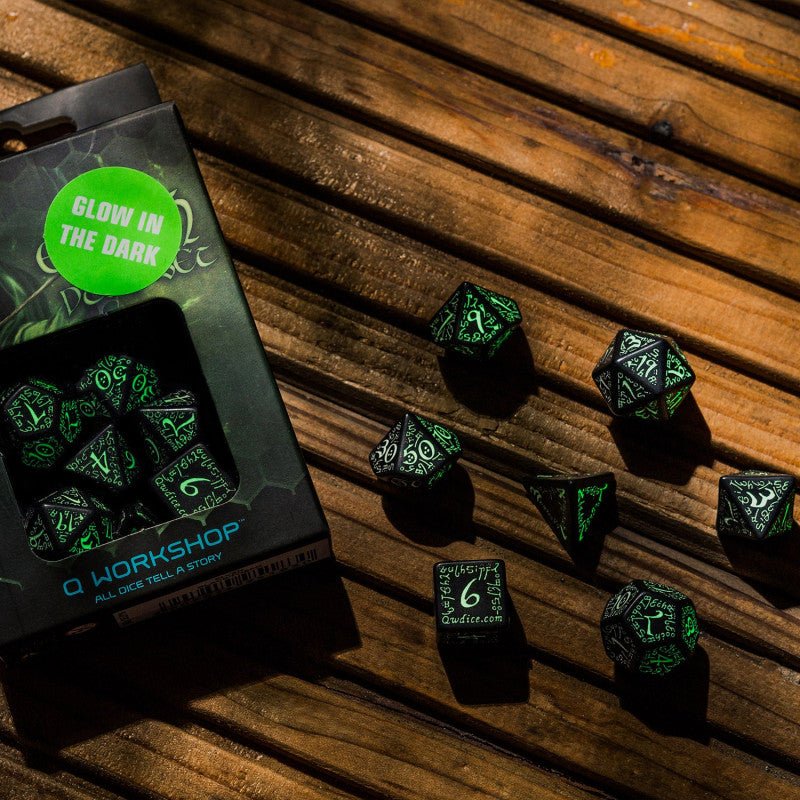 Elvish kauliukų rinkinys juodos ir fluorescencinės sp šviečia tamsoje - OBUOLYS