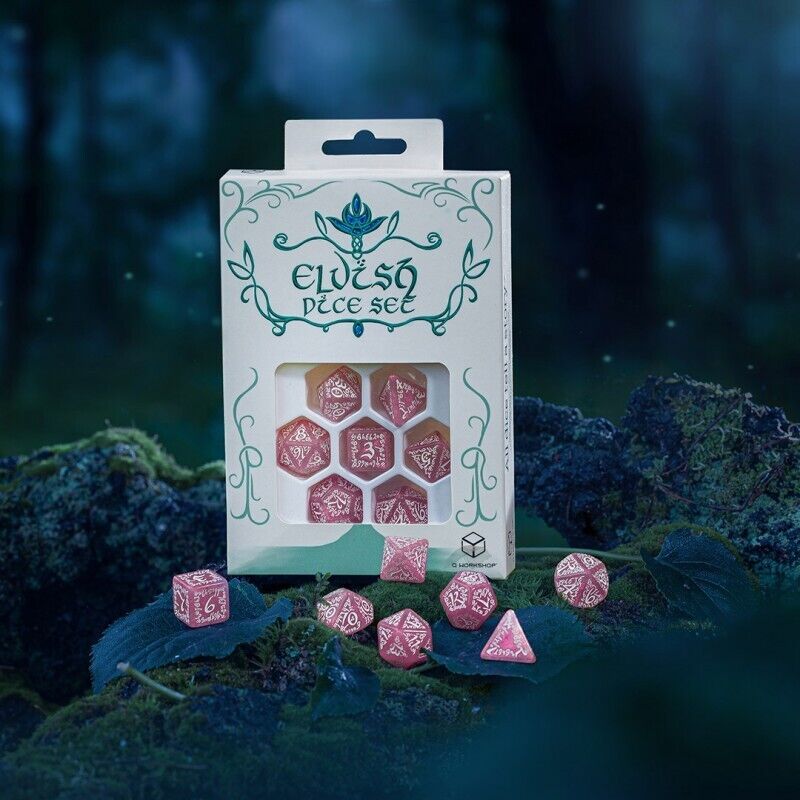 Elvish Žvilgančios rožinės ir baltos sp. Dice Set Q - workshop - OBUOLYS