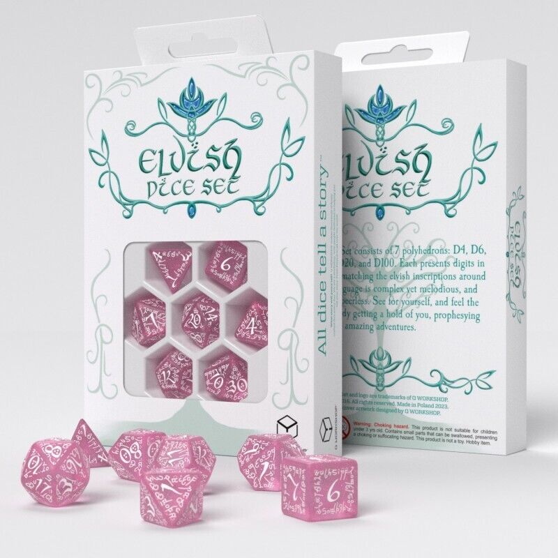 Elvish Žvilgančios rožinės ir baltos sp. Dice Set Q - workshop - OBUOLYS