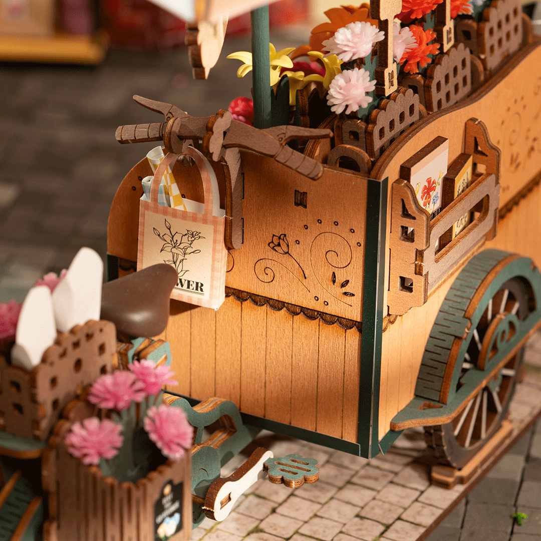 🌸🚲 GĖLIŲ VEŽIMĖLIS: gerą nuotaiką garantuojanti 3D medinė dėlionė – knygų lentynos dekoracija - OBUOLYS