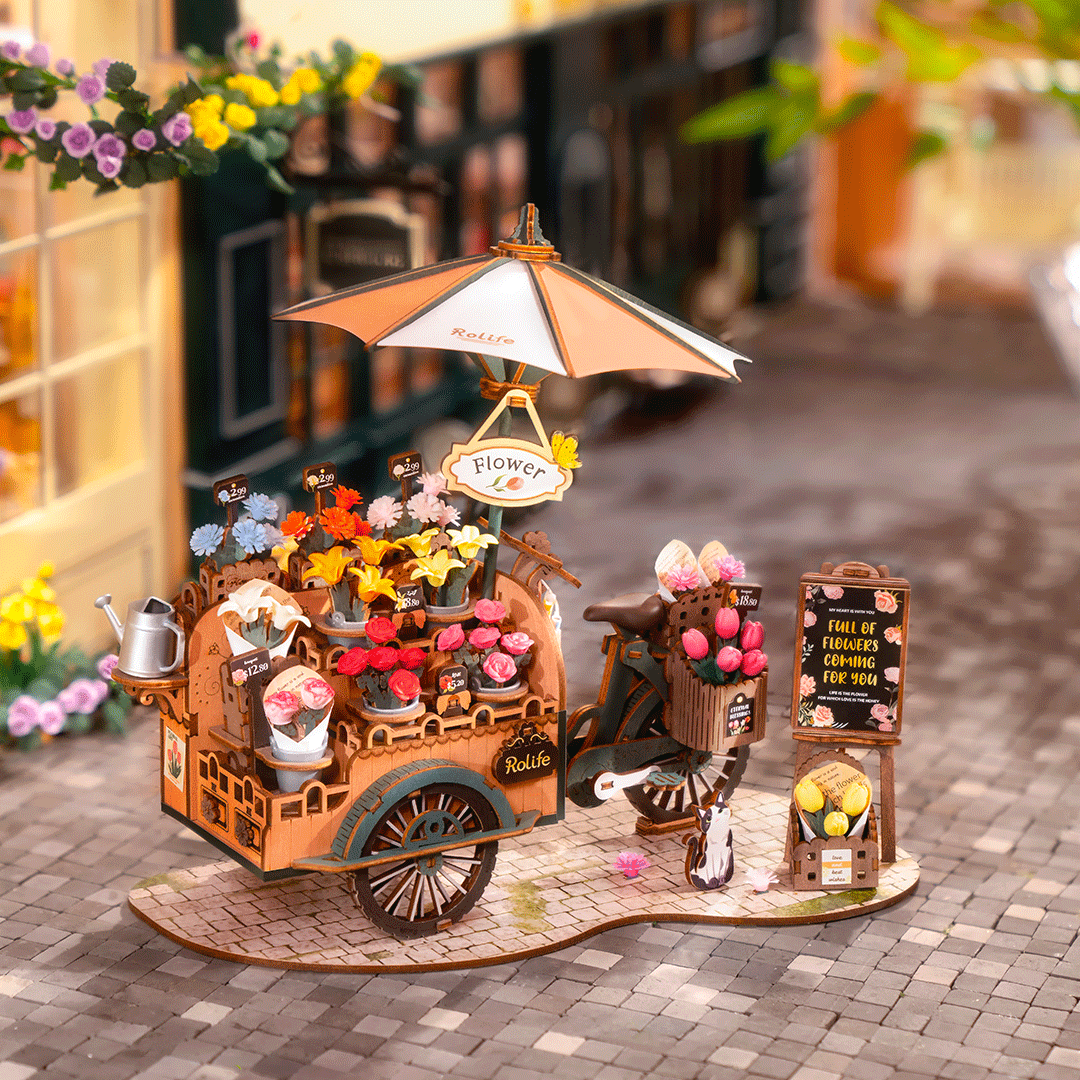 🌸🚲 GĖLIŲ VEŽIMĖLIS: gerą nuotaiką garantuojanti 3D medinė dėlionė – knygų lentynos dekoracija - OBUOLYS
