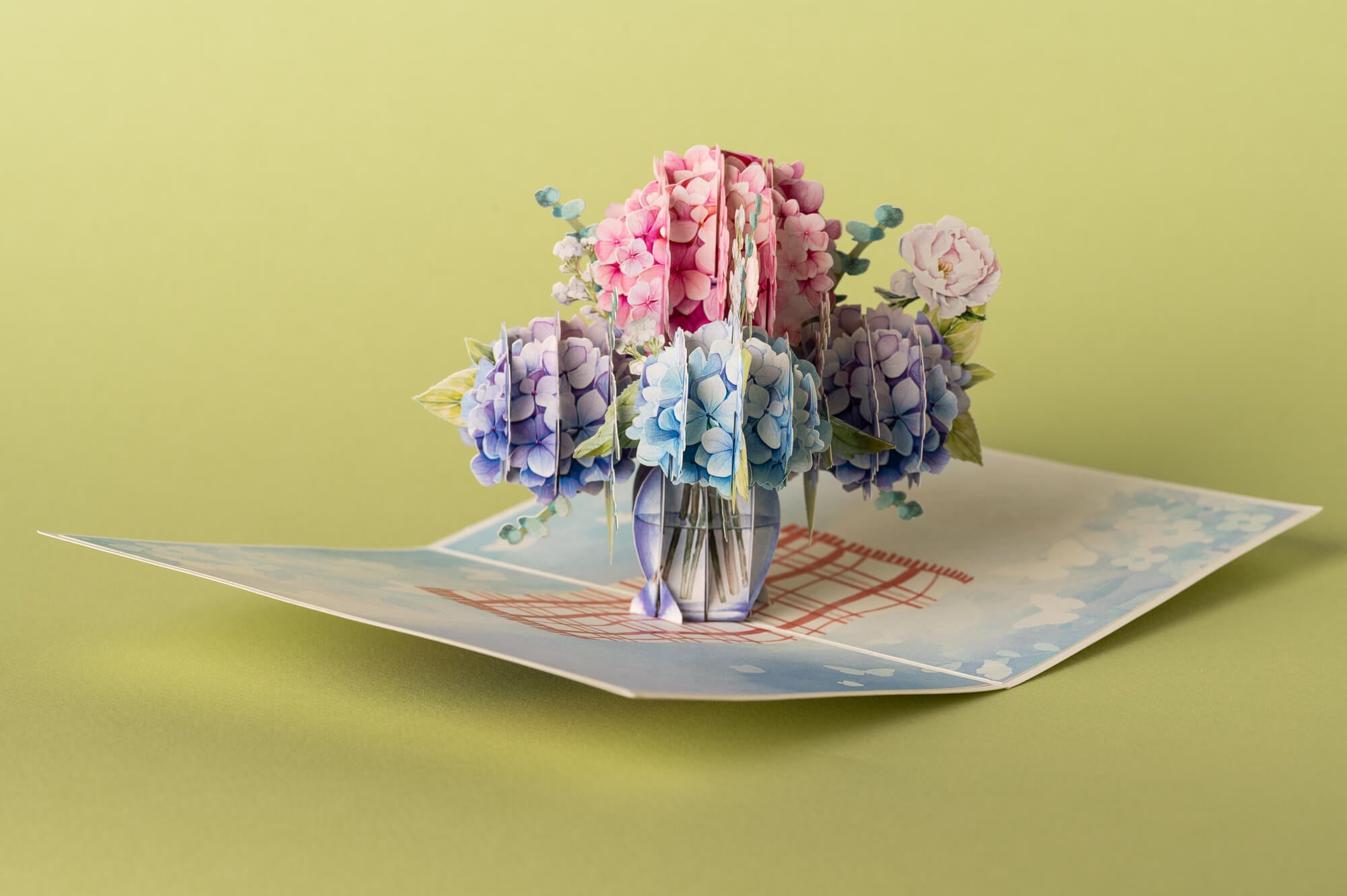 GRAŽIAUSI HORTENZIJŲ ŽIEDAI: išskirtinio grožio 3D pop - up atvirukas + vokas - OBUOLYS