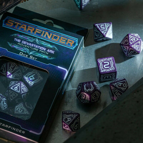 Starfinder Devastation Ark kauliukų rinkinys violetinės ir baltos spalvos