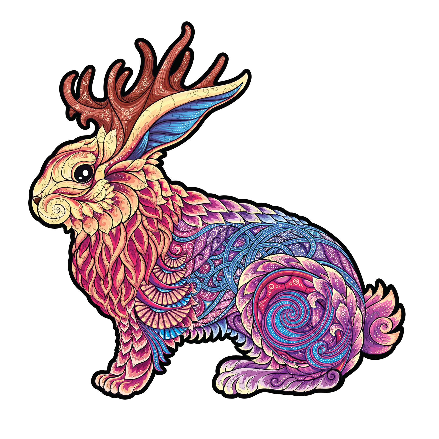 JACKALOPE DĖLIONĖ IŠ MEDŽIO XL DYDIS (600 detalių): legendinis raguotasis kiškis iš mitologijos pasaulio - OBUOLYS