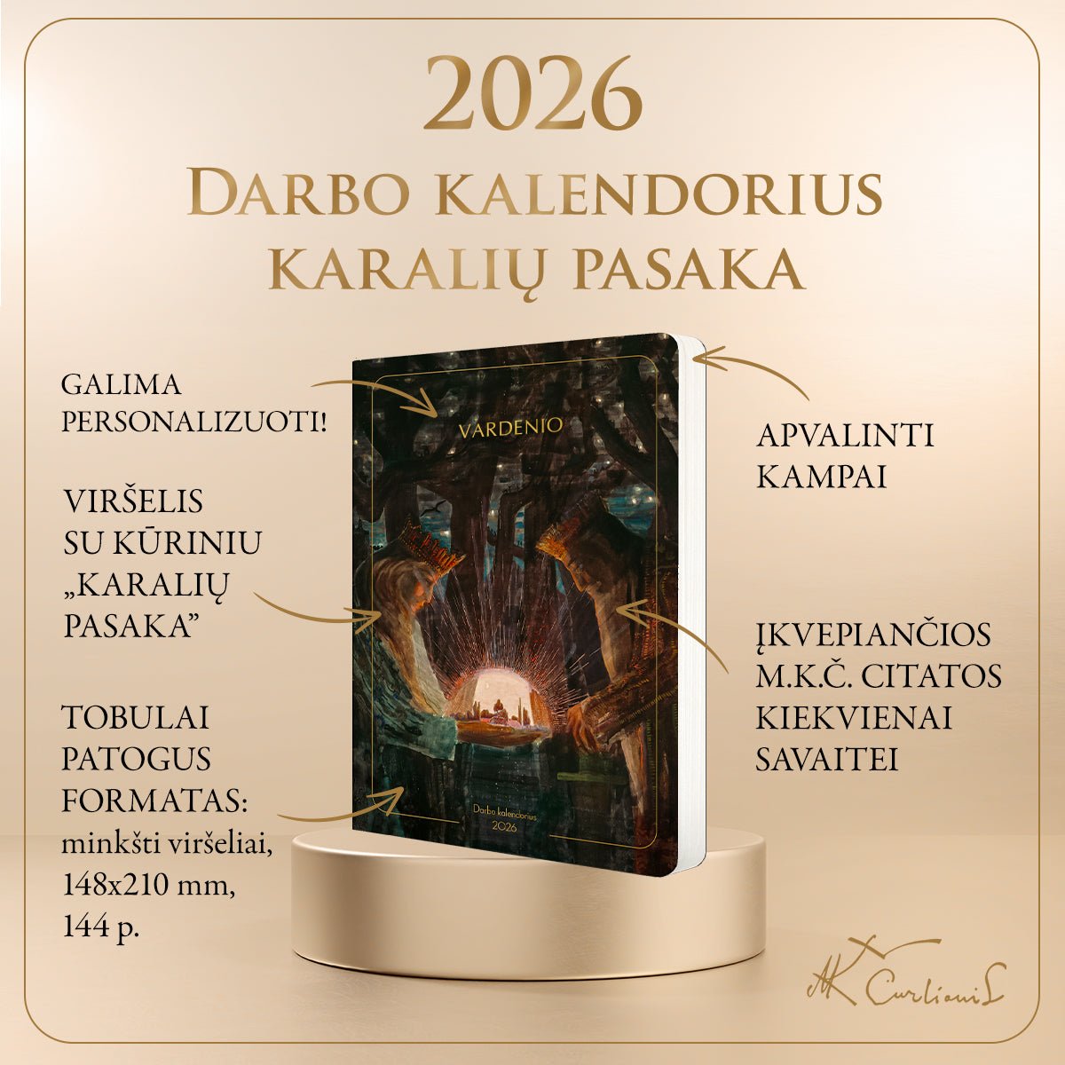 KARALIŲ PASAKA: 2026 m. darbo kalendorius su M. K. Čiurlionio paveikslu (minkštais viršeliais) + galimybė personalizuoti - OBUOLYS