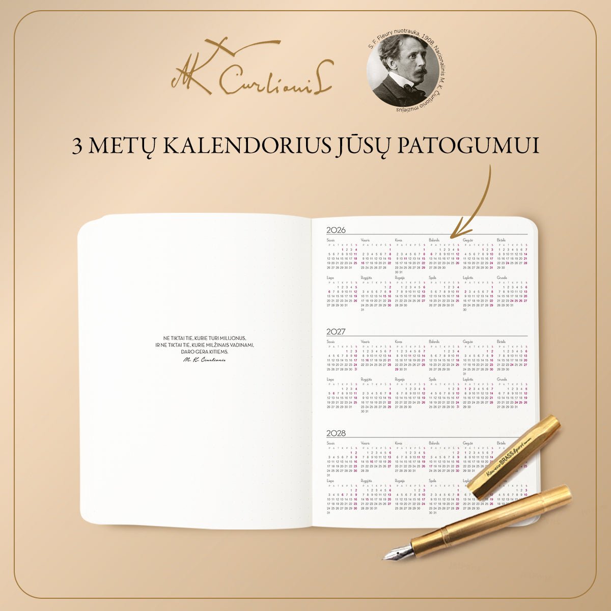 KARALIŲ PASAKA: 2026 m. darbo kalendorius su M. K. Čiurlionio paveikslu (minkštais viršeliais) + galimybė personalizuoti - OBUOLYS
