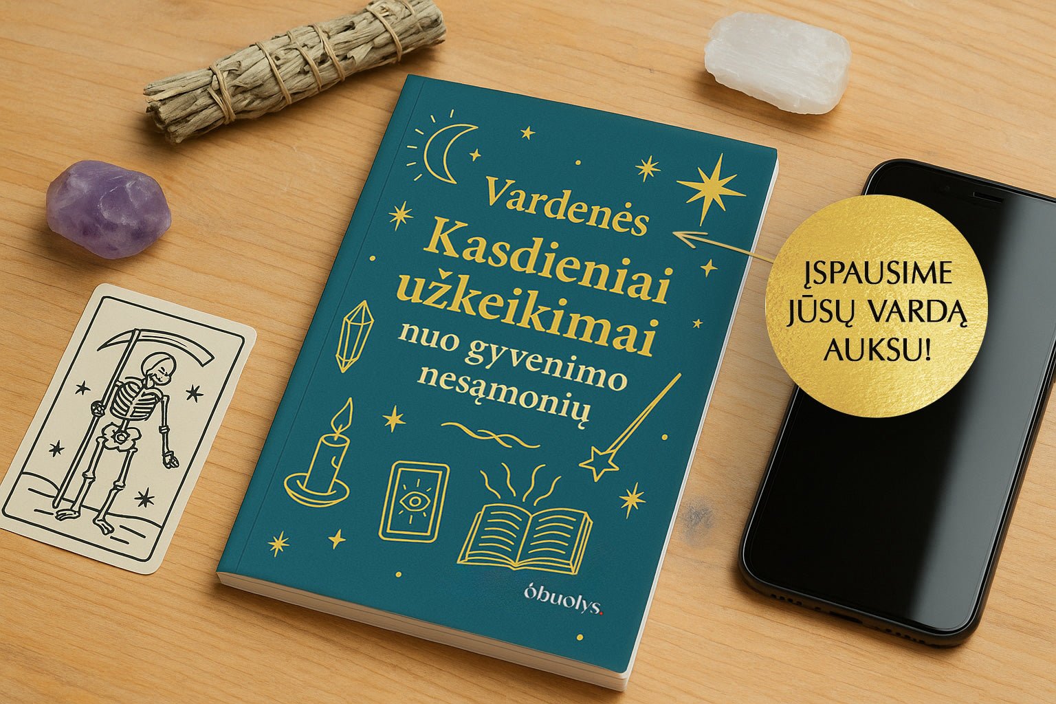 KASDIENIAI UŽKEIKIMAI NUO GYVENIMO NESĄMONIŲ: šiuolaikinės raganos magiška knyga + galimybė personalizuoti - OBUOLYS