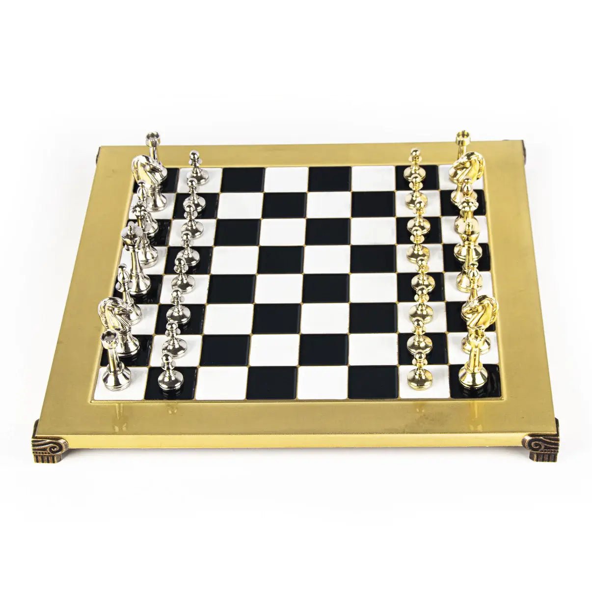 KLASIKINIS STAUNTONO ŠACHMATŲ RINKINYS: metalas, juodai balta, 36x36 cm dydis + dėžė + galimybė personalizuoti - OBUOLYS
