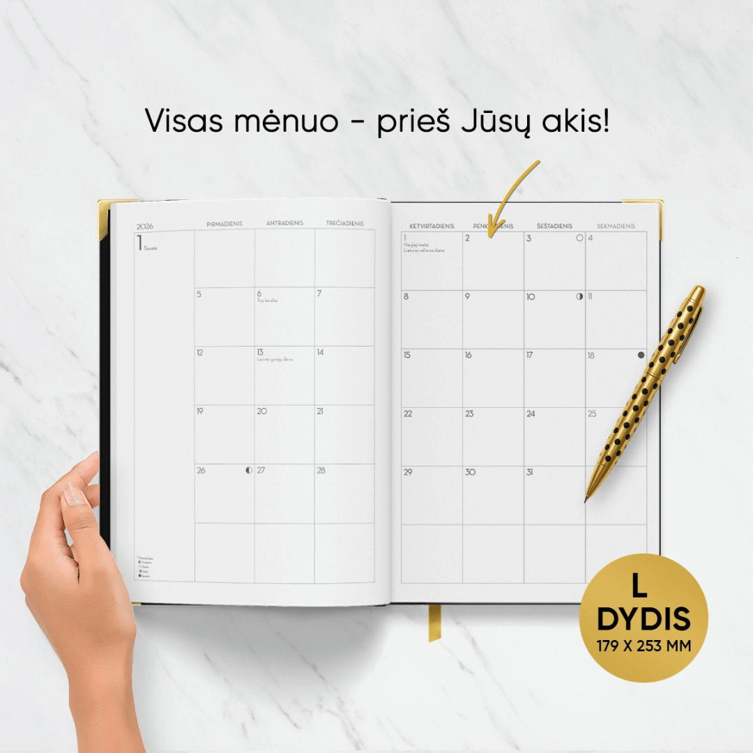 L DYDŽIO STILINGA JUODA 2026 M. DARBO KNYGA: su mados ikonos biografija ir citatomis + galimybė personalizuoti! - OBUOLYS