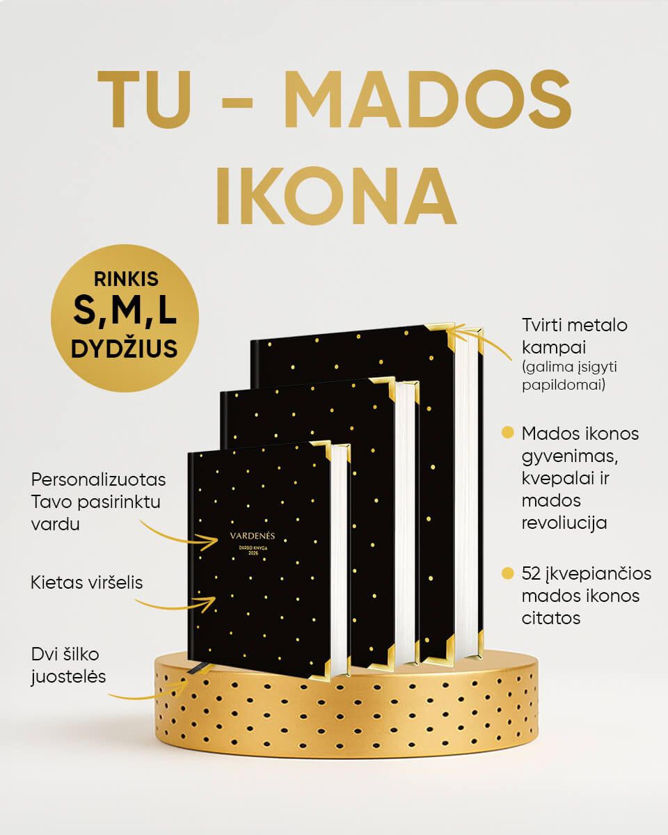 L DYDŽIO STILINGA JUODA 2026 M. DARBO KNYGA: su mados ikonos biografija ir citatomis + galimybė personalizuoti! - OBUOLYS