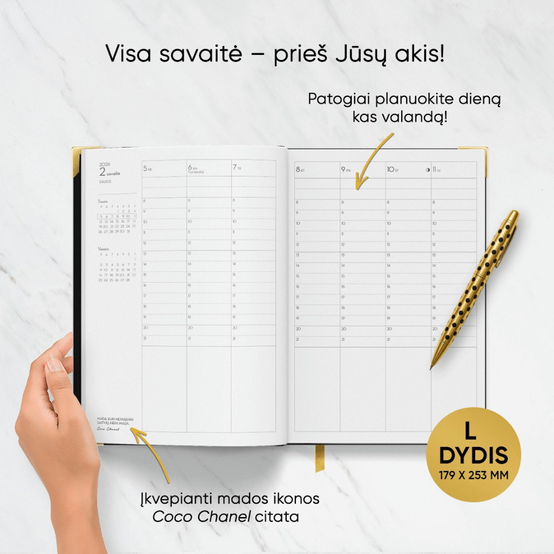 L DYDŽIO STILINGA JUODA 2026 M. DARBO KNYGA: su mados ikonos biografija ir citatomis + galimybė personalizuoti! - OBUOLYS