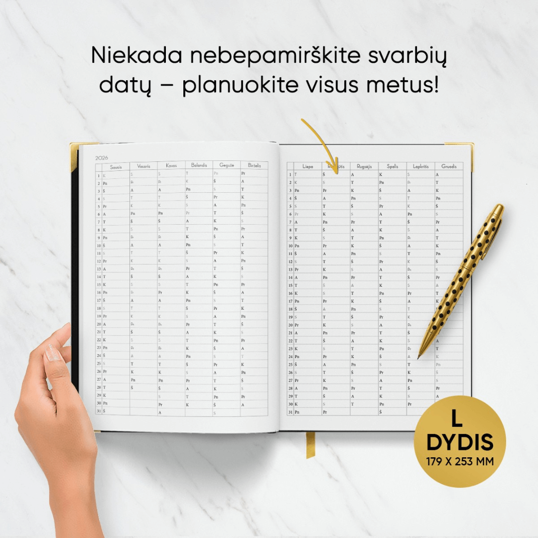 L DYDŽIO STILINGA JUODA 2026 M. DARBO KNYGA: su mados ikonos biografija ir citatomis + galimybė personalizuoti! - OBUOLYS