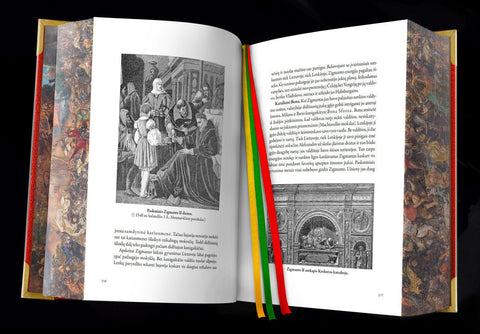 LIETUVOS ISTORIJA: XXL riboto tiražo kolekcinis A. Šapokos knygos leidimas + trispalvė šilko juostelė + metalo kampai + Žalgirio mūšį vaizduojanti puslapių briauna - OBUOLYS