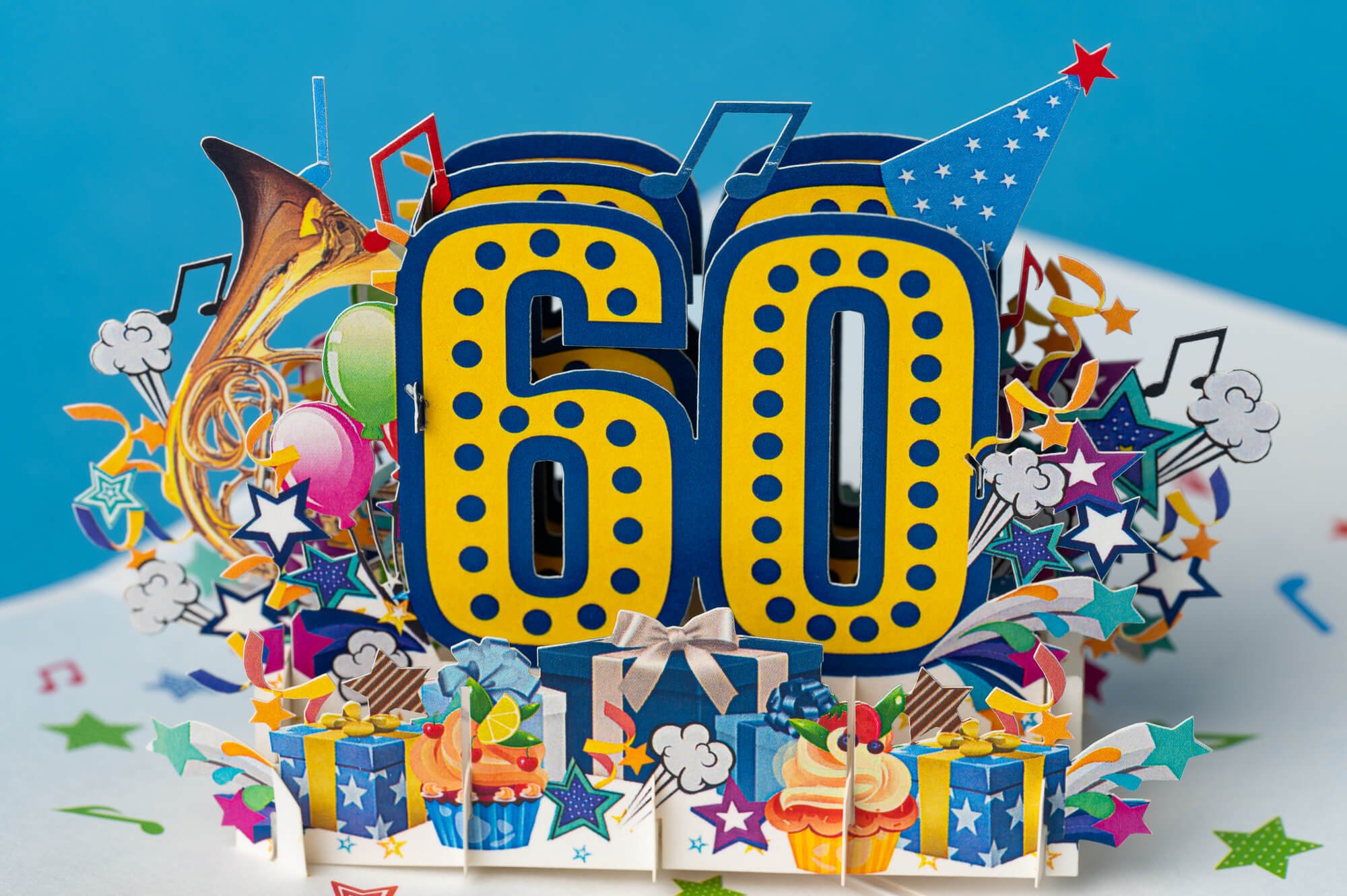 LINKSMO 60 - OJO GIMTADIENIO: išskirtinio grožio 3D pop - up atvirukas + vokas - OBUOLYS