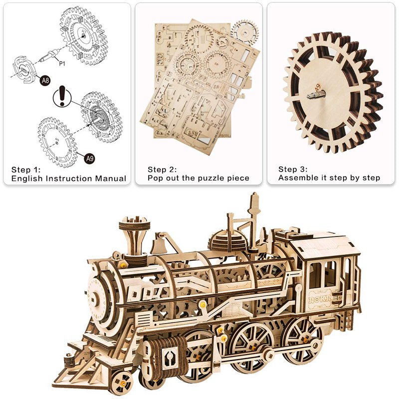 LOKOMOTYVAS: 3D medinė dėlionė mechanikos entuziastams - OBUOLYS