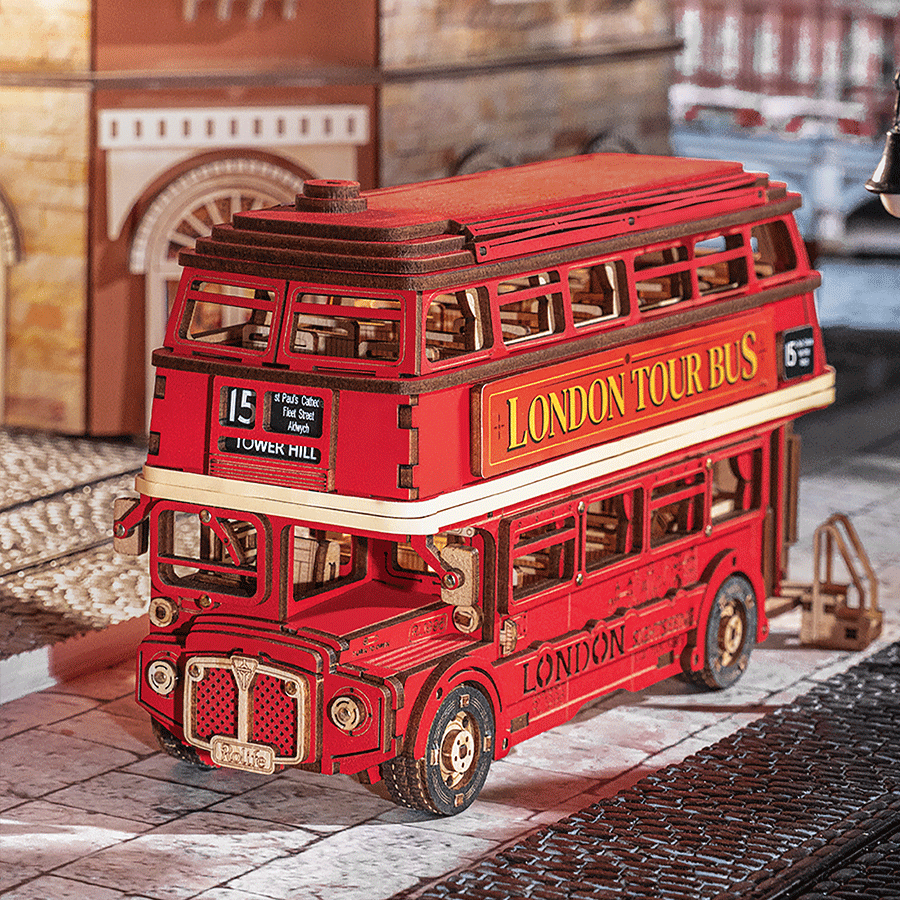 LONDONO TURISTINIS AUTOBUSAS: gerą nuotaiką garantuojanti 3D medinė dėlionė – knygų lentynos dekoracija - OBUOLYS