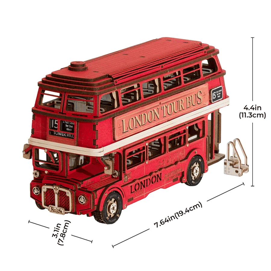 LONDONO TURISTINIS AUTOBUSAS: gerą nuotaiką garantuojanti 3D medinė dėlionė – knygų lentynos dekoracija - OBUOLYS