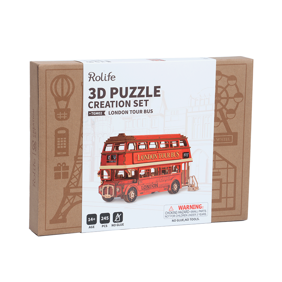 LONDONO TURISTINIS AUTOBUSAS: gerą nuotaiką garantuojanti 3D medinė dėlionė – knygų lentynos dekoracija - OBUOLYS