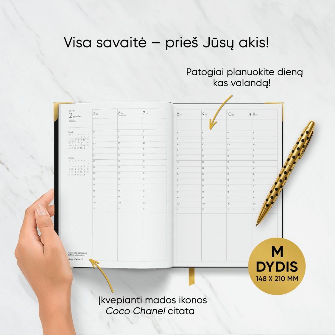 M DYDŽIO STILINGA JUODA 2026 M. DARBO KNYGA: su mados ikonos biografija ir citatomis + galimybė personalizuoti! - OBUOLYS