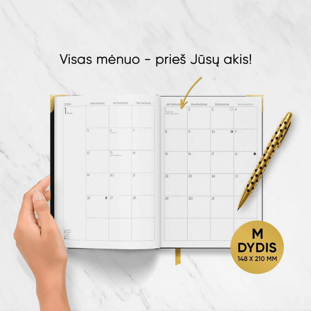 M DYDŽIO STILINGA JUODA 2026 M. DARBO KNYGA: su mados ikonos biografija ir citatomis + galimybė personalizuoti! - OBUOLYS