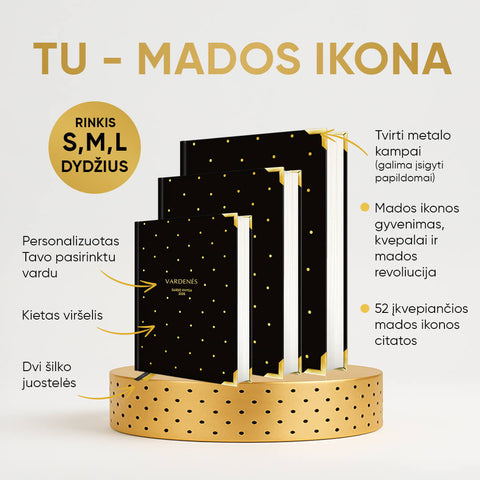 M DYDŽIO STILINGA JUODA 2026 M. DARBO KNYGA: su mados ikonos biografija ir citatomis + galimybė personalizuoti! - OBUOLYS