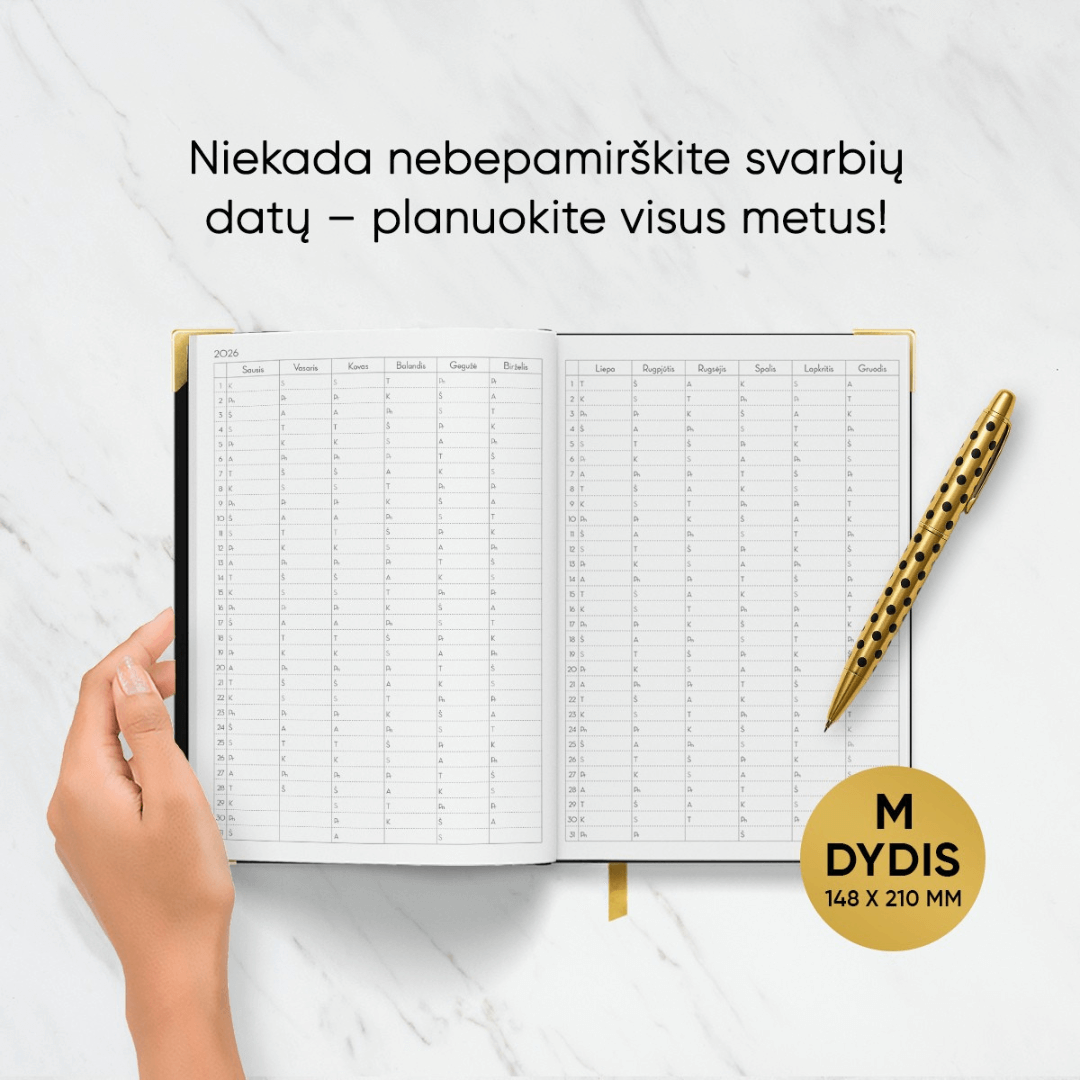 M DYDŽIO STILINGA JUODA 2026 M. DARBO KNYGA: su mados ikonos biografija ir citatomis + galimybė personalizuoti! - OBUOLYS