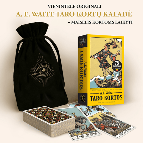 MAŽASIS TARO RINKINYS: vienintelė originali A. E. Waite Taro kortų kaladė (pagaliau lietuviškai!) + aksominis maišelis kortoms laikyti (kartu pigiau!) - OBUOLYS