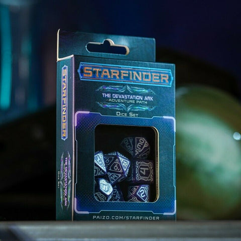 Starfinder Devastation Ark kauliukų rinkinys violetinės ir baltos spalvos