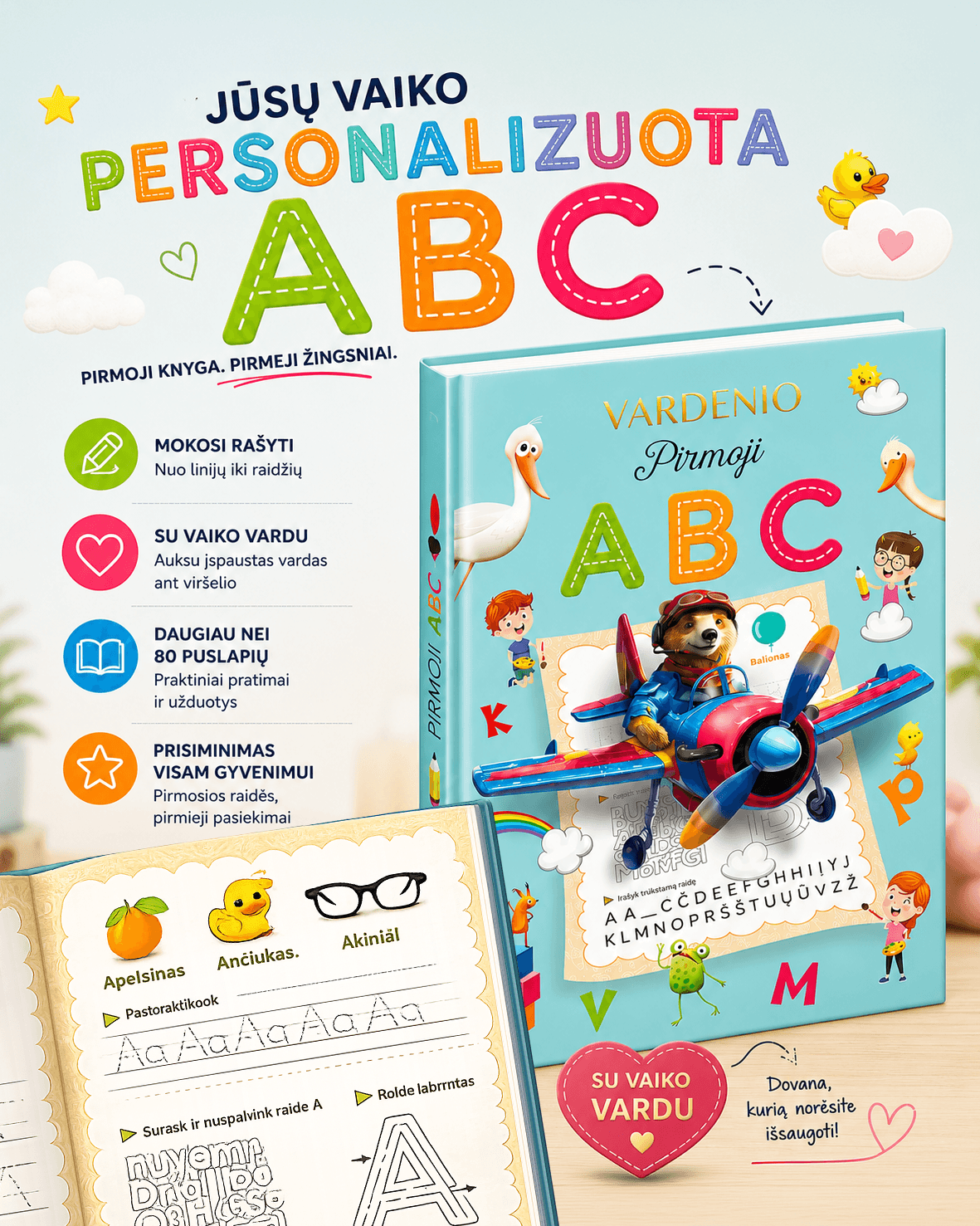 PIRMOJI ABC: rašymo ranka pratybų knyga – puiki dovana būsimajam mokinukui + personalizuota vaiko vardu! - OBUOLYS